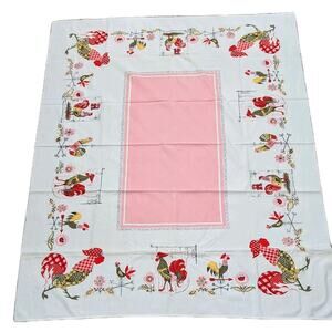 Printorama Sun Glo Hand Printed Linen Rooster 52 x 63 Pink Red 1950's Style